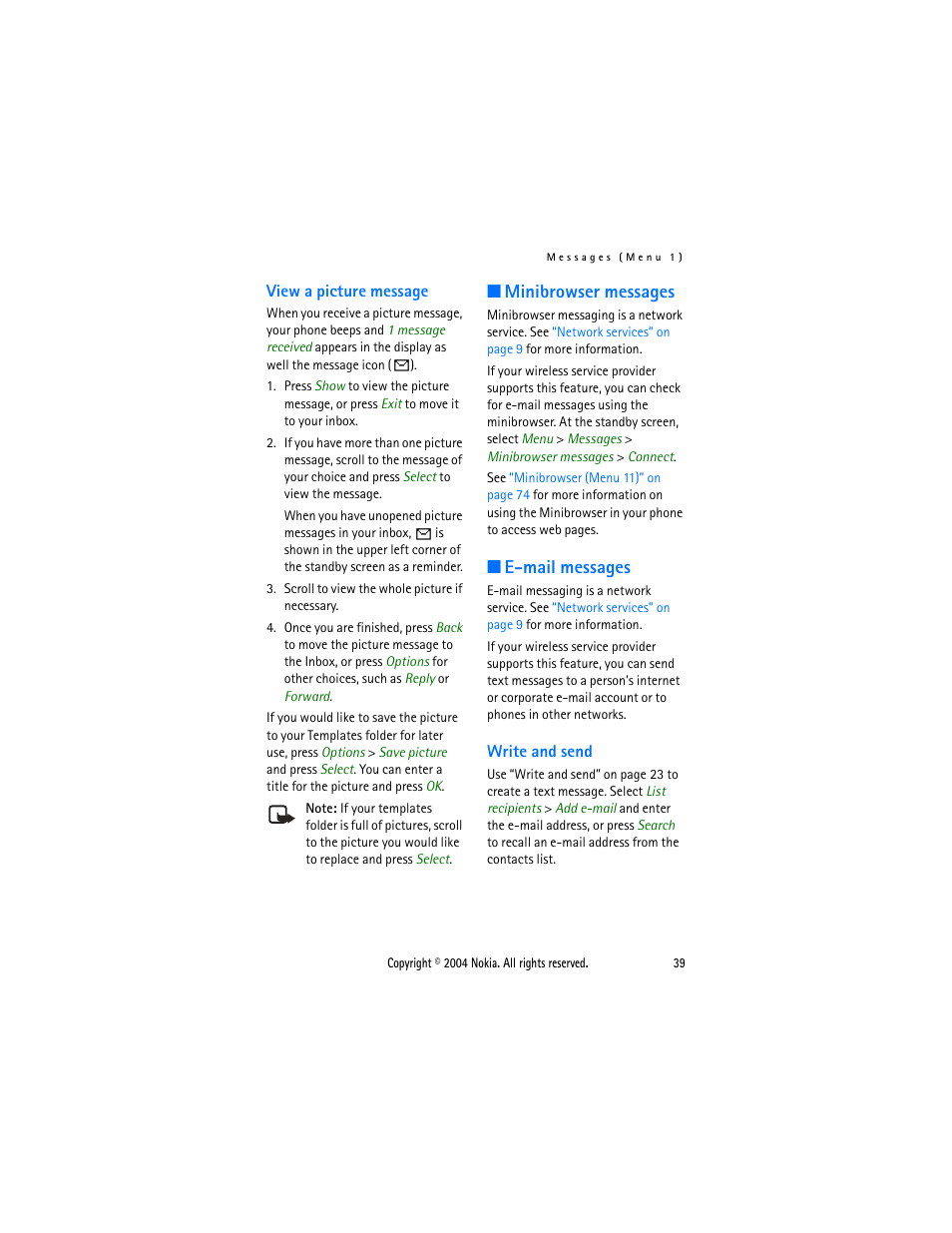 View a picture message, Minibrowser messages, E-mail messages | Write and send, Minibrowser messages e-mail messages | Nokia 3205 User Manual | Page 39 / 99