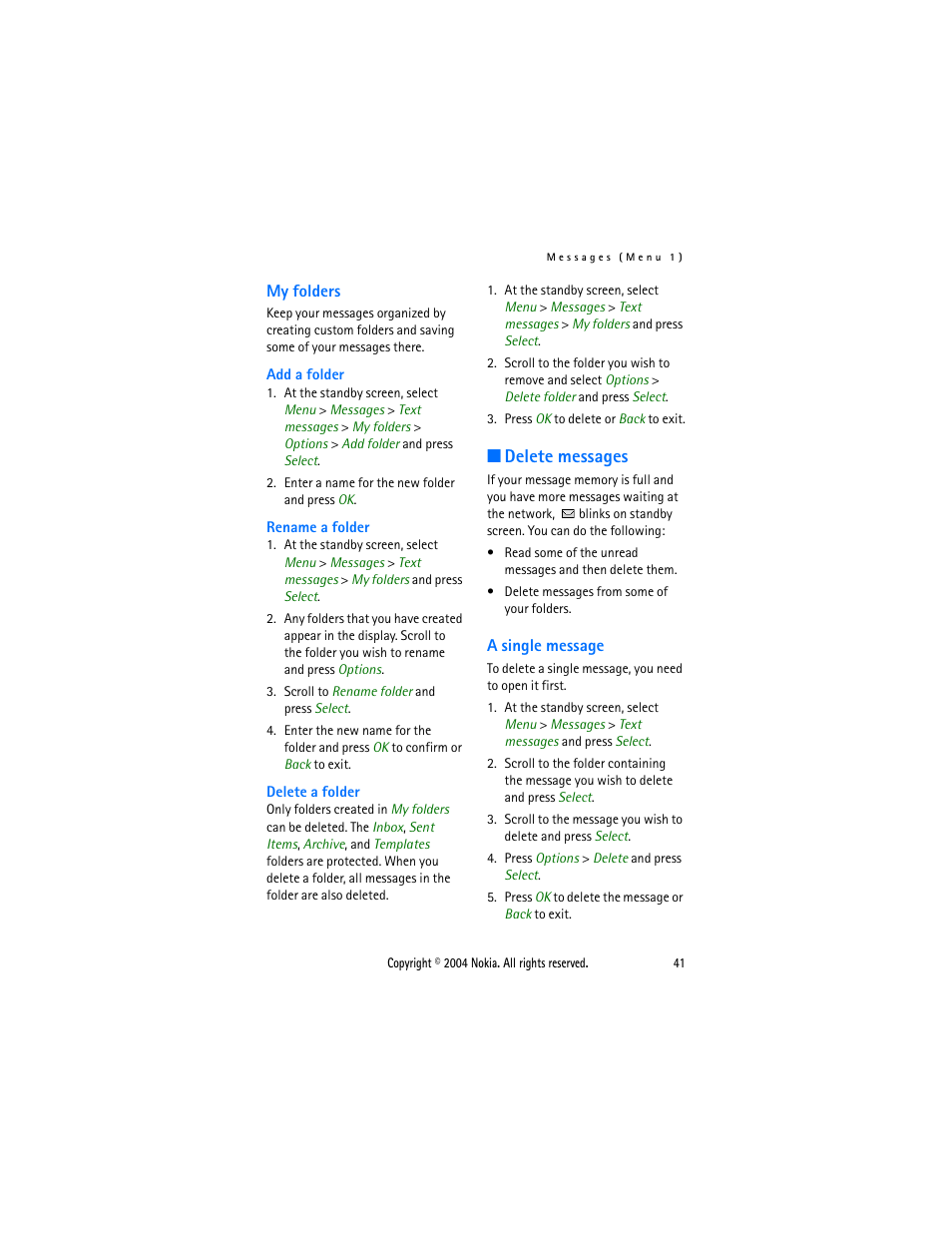 My folders, Delete messages, A single message | Nokia 3205 User Manual | Page 41 / 99
