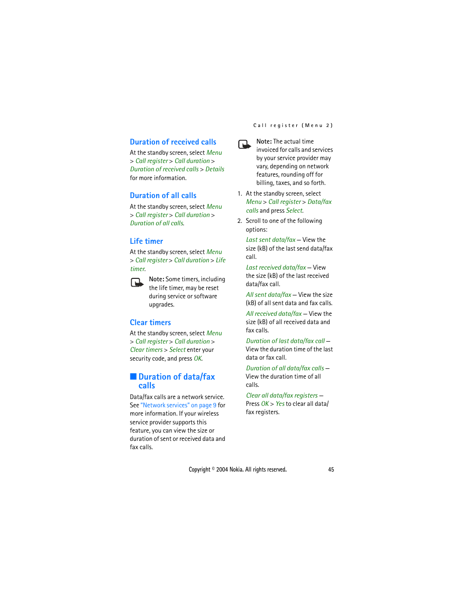 Duration of received calls, Duration of all calls, Life timer | Clear timers, Duration of data/fax calls | Nokia 3205 User Manual | Page 45 / 99