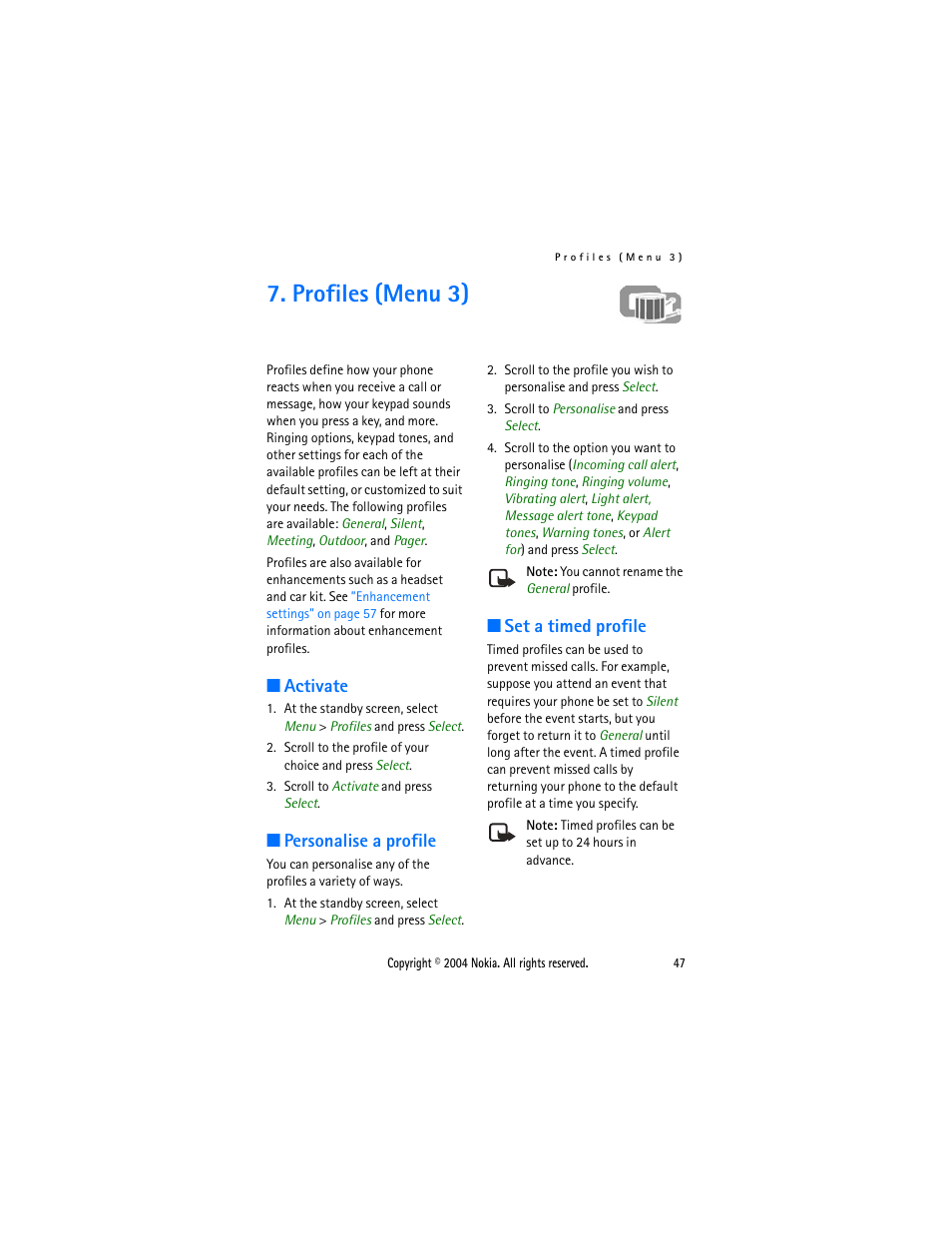 Profiles (menu 3), Activate, Personalise a profile | Set a timed profile, Activate personalise a profile set a timed profile, Selected, see, Profiles | Nokia 3205 User Manual | Page 47 / 99