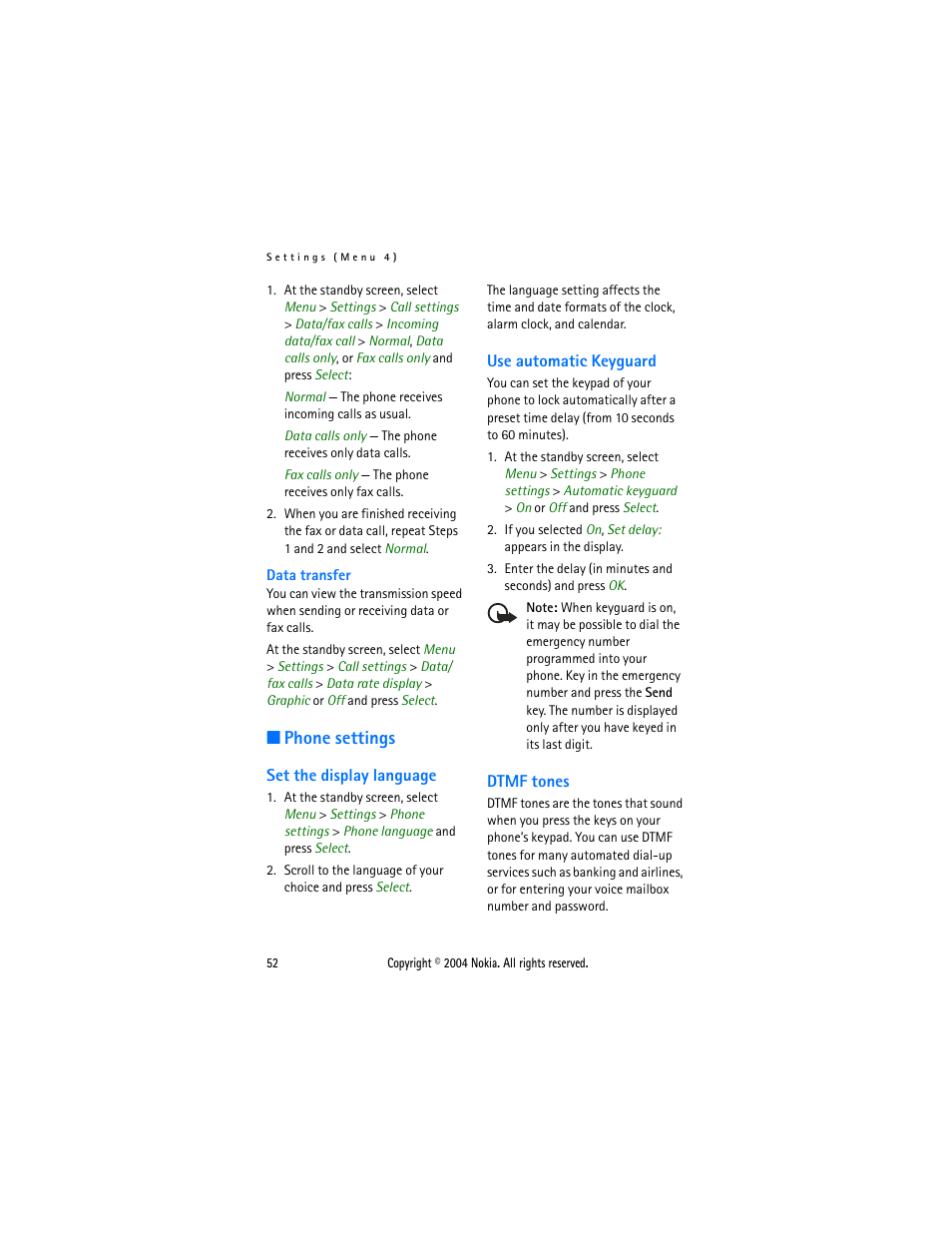 Phone settings, Set the display language, Use automatic keyguard | Dtmf tones | Nokia 3205 User Manual | Page 52 / 99