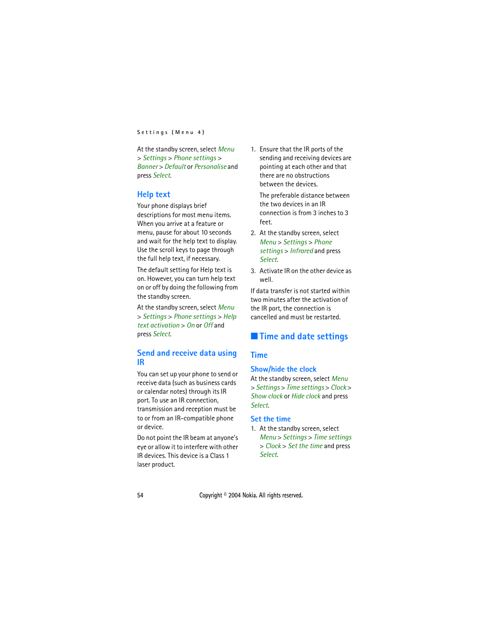 Help text, Send and receive data using ir, Time and date settings | Time, Help text send and receive data using ir, Send and receive | Nokia 3205 User Manual | Page 54 / 99