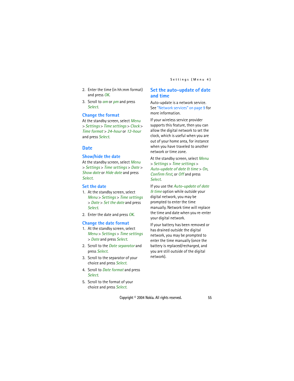 Date, Set the auto-update of date and time, Date set the auto-update of date and time | Nokia 3205 User Manual | Page 55 / 99