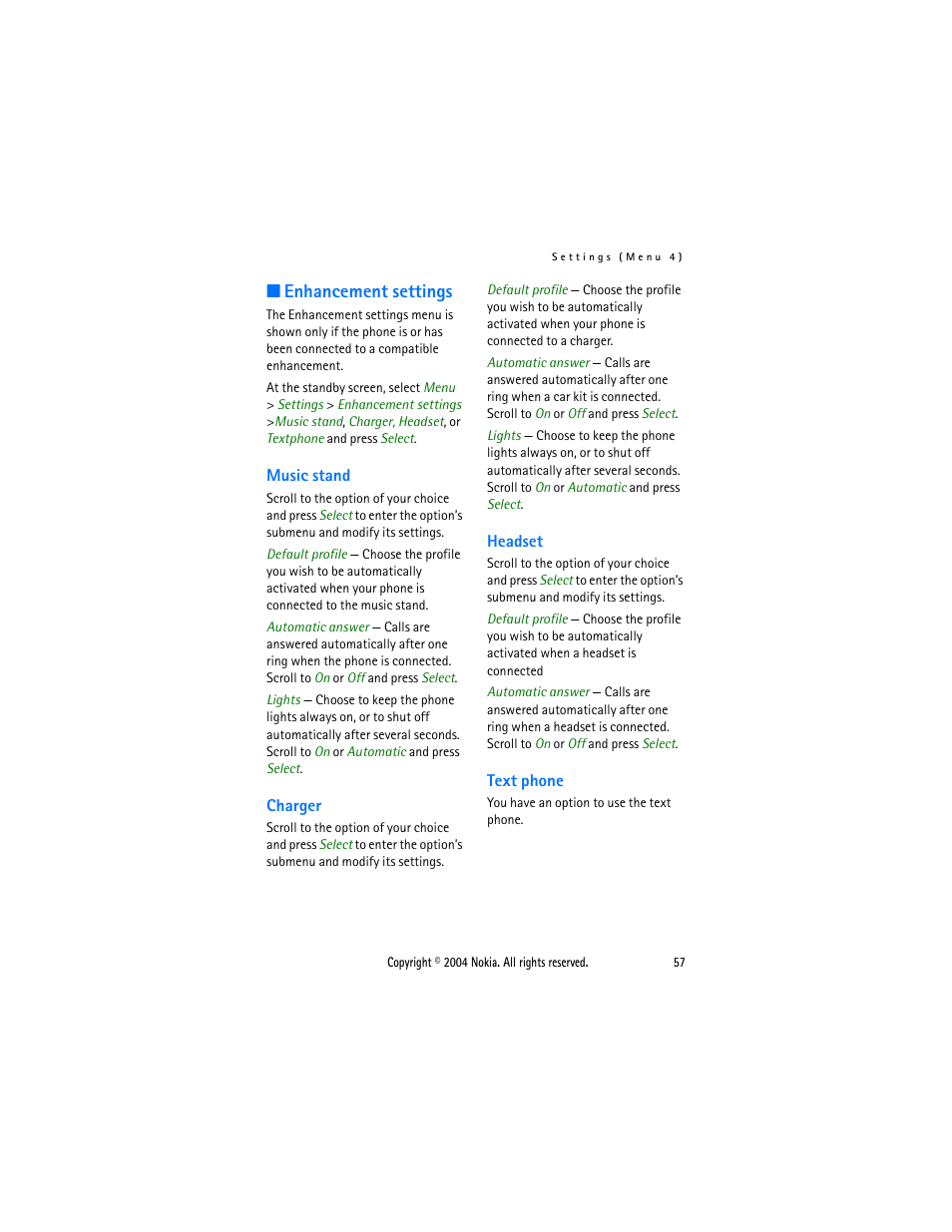 Enhancement settings, Music stand, Charger | Headset, Text phone, Music stand charger headset text phone | Nokia 3205 User Manual | Page 57 / 99