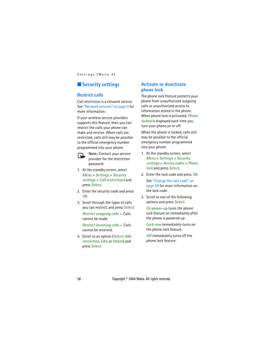 Security settings, Restrict calls, Activate or deactivate phone lock | Restrict calls activate or deactivate phone lock | Nokia 3205 User Manual | Page 58 / 99