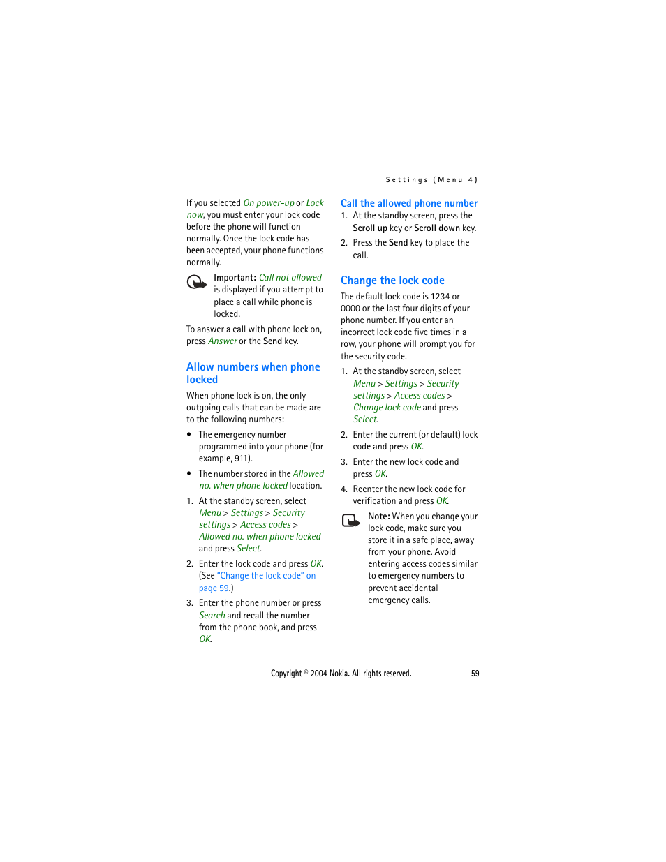 Allow numbers when phone locked, Change the lock code, Change the lock code” on | For more information on | Nokia 3205 User Manual | Page 59 / 99