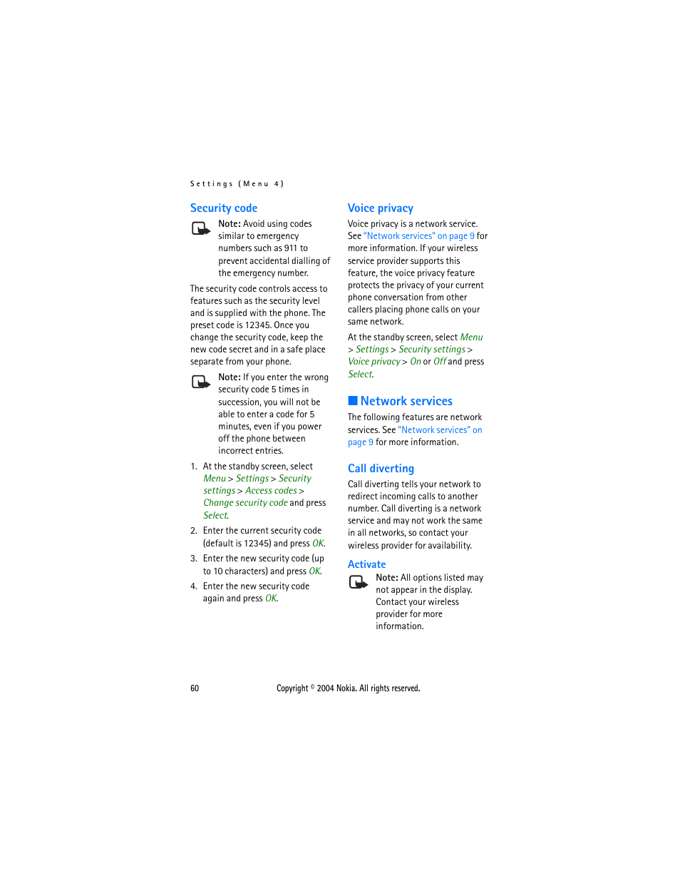 Security code, Voice privacy, Network services | Call diverting, Security code voice privacy, Call, Security code” on | Nokia 3205 User Manual | Page 60 / 99