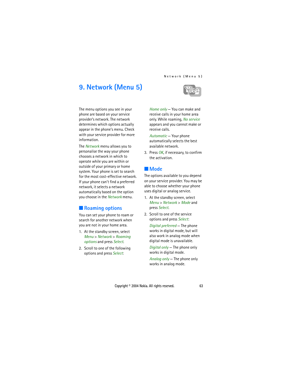 Network (menu 5), Roaming options, Mode | Roaming options mode | Nokia 3205 User Manual | Page 63 / 99