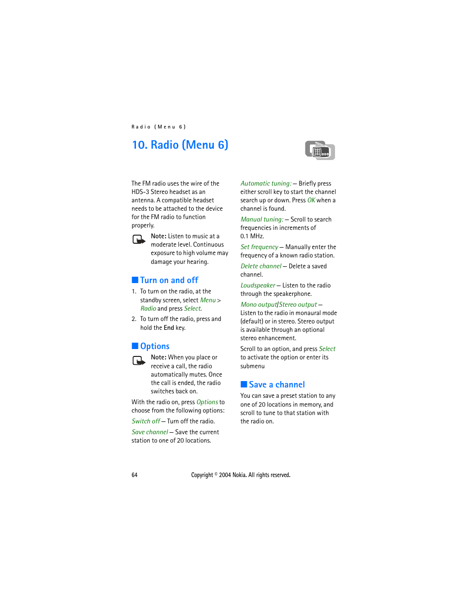 Radio (menu 6), Turn on and off, Options | Save a channel, Turn on and off options save a channel | Nokia 3205 User Manual | Page 64 / 99