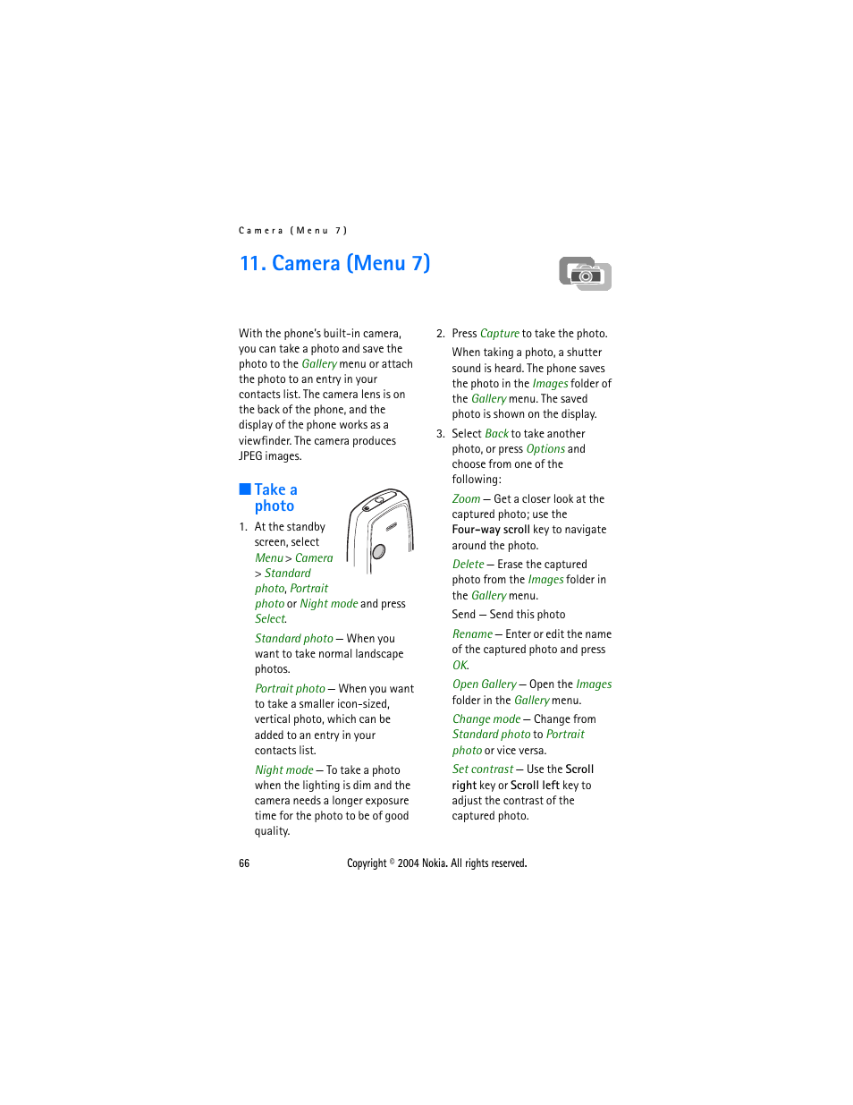 Camera (menu 7), Take a photo | Nokia 3205 User Manual | Page 66 / 99