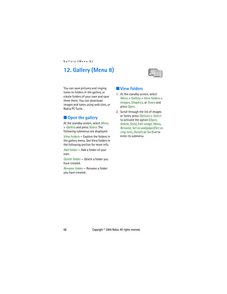 Gallery (menu 8), Open the gallery, View folders | Open the gallery view folders | Nokia 3205 User Manual | Page 68 / 99