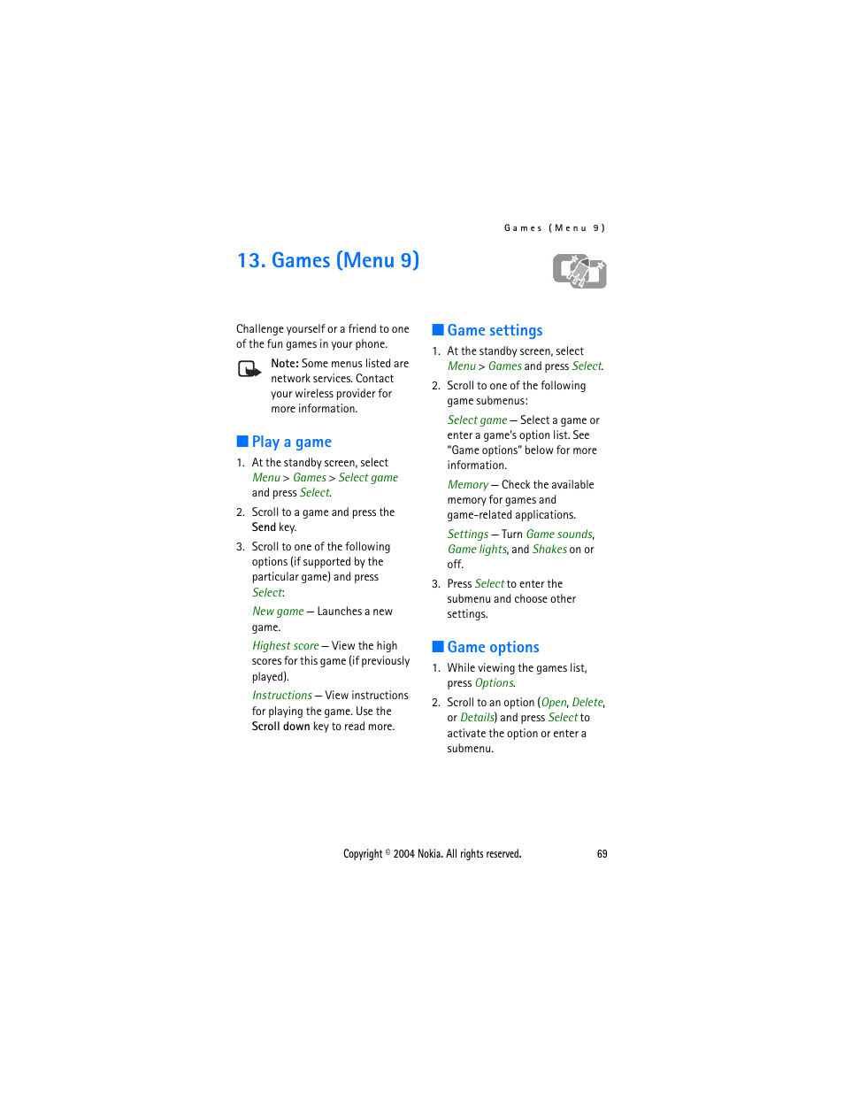 Games (menu 9), Play a game, Game settings | Game options, Play a game game settings game options | Nokia 3205 User Manual | Page 69 / 99