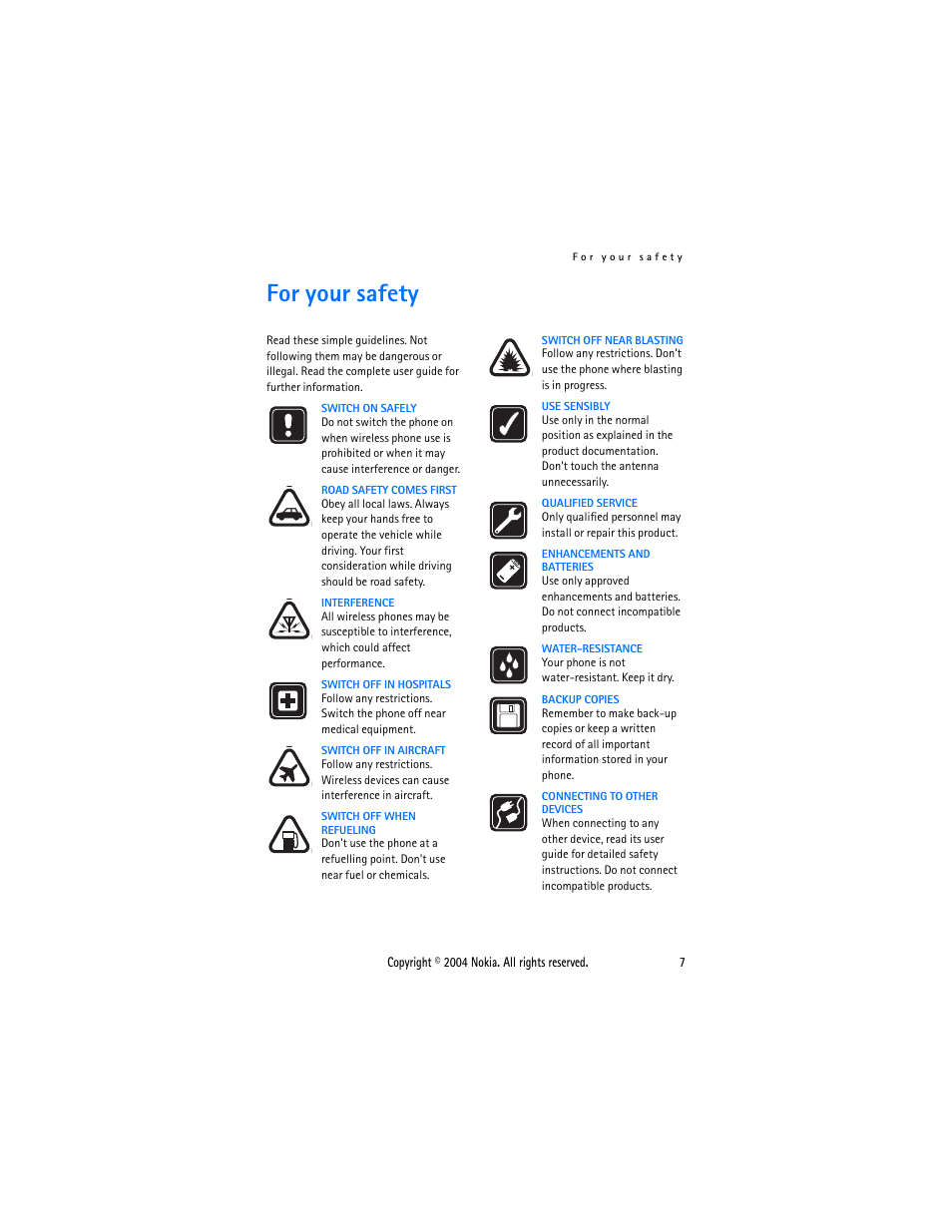 For your safety | Nokia 3205 User Manual | Page 7 / 99