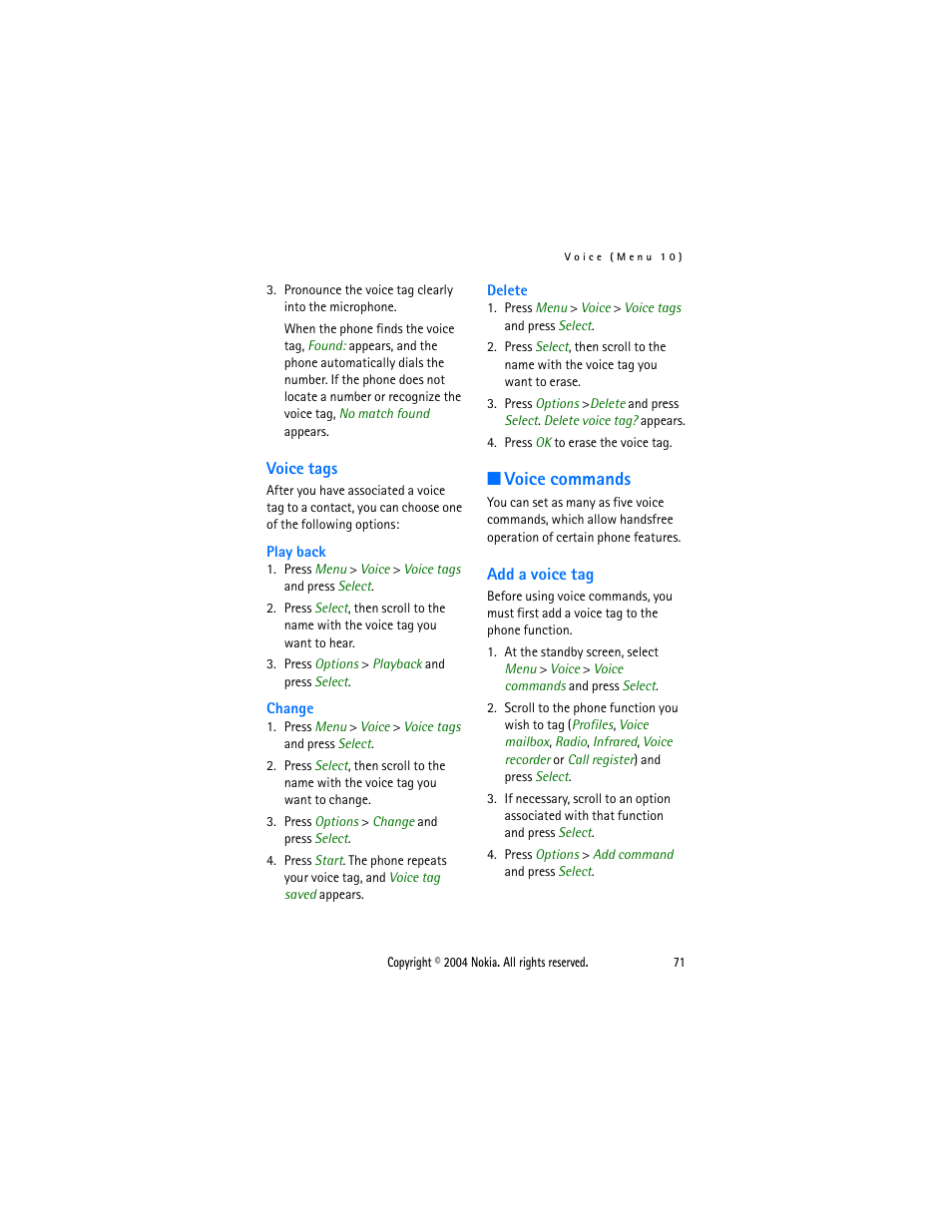 Voice tags, Voice commands, Add a voice tag | Nokia 3205 User Manual | Page 71 / 99