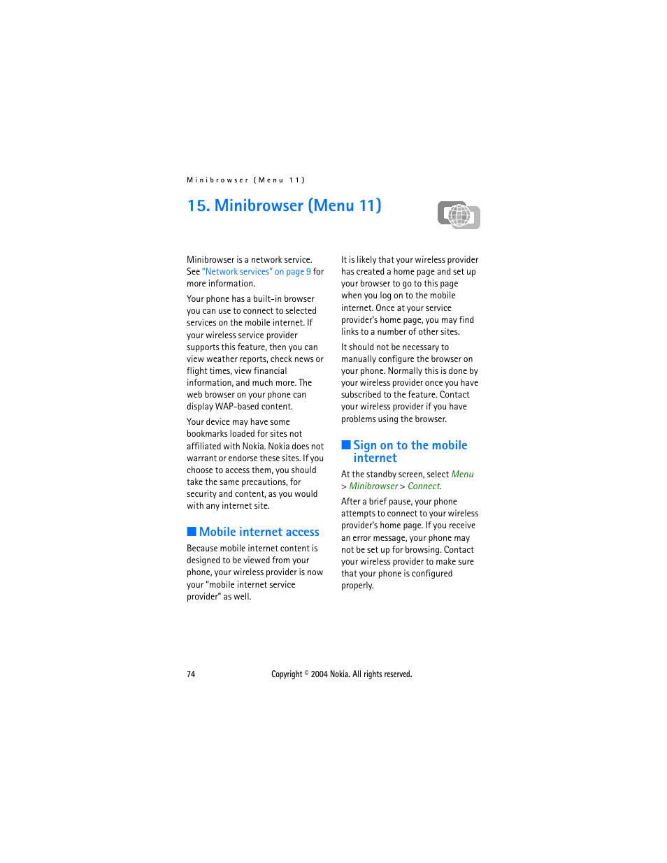 Minibrowser (menu 11), Mobile internet access, Sign on to the mobile internet | Minibrowser (menu 11)” on, For more information on | Nokia 3205 User Manual | Page 74 / 99