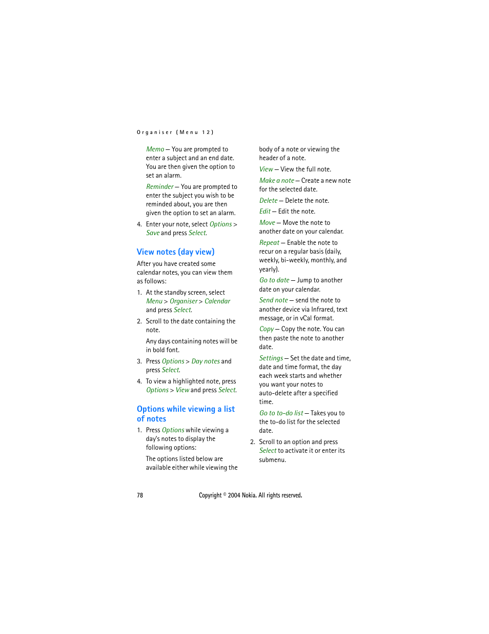 View notes (day view), Options while viewing a list of notes | Nokia 3205 User Manual | Page 78 / 99