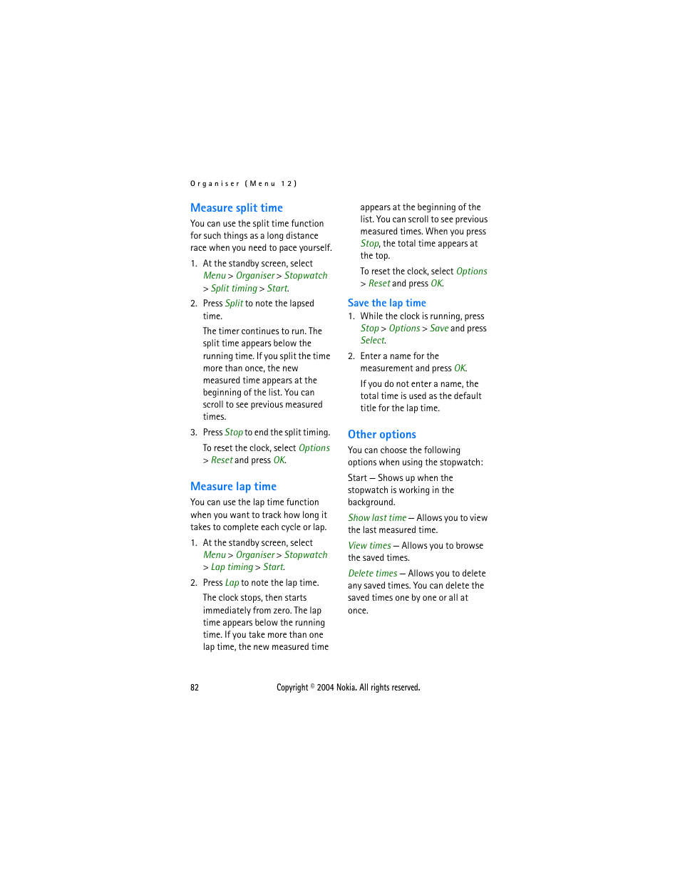 Measure split time, Measure lap time, Other options | Measure split time measure lap time other options | Nokia 3205 User Manual | Page 82 / 99