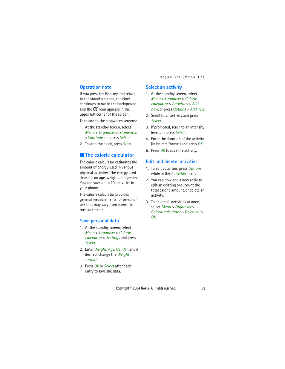 Operation note, The calorie calculator, Save personal data | Select an activity, Edit and delete activities | Nokia 3205 User Manual | Page 83 / 99