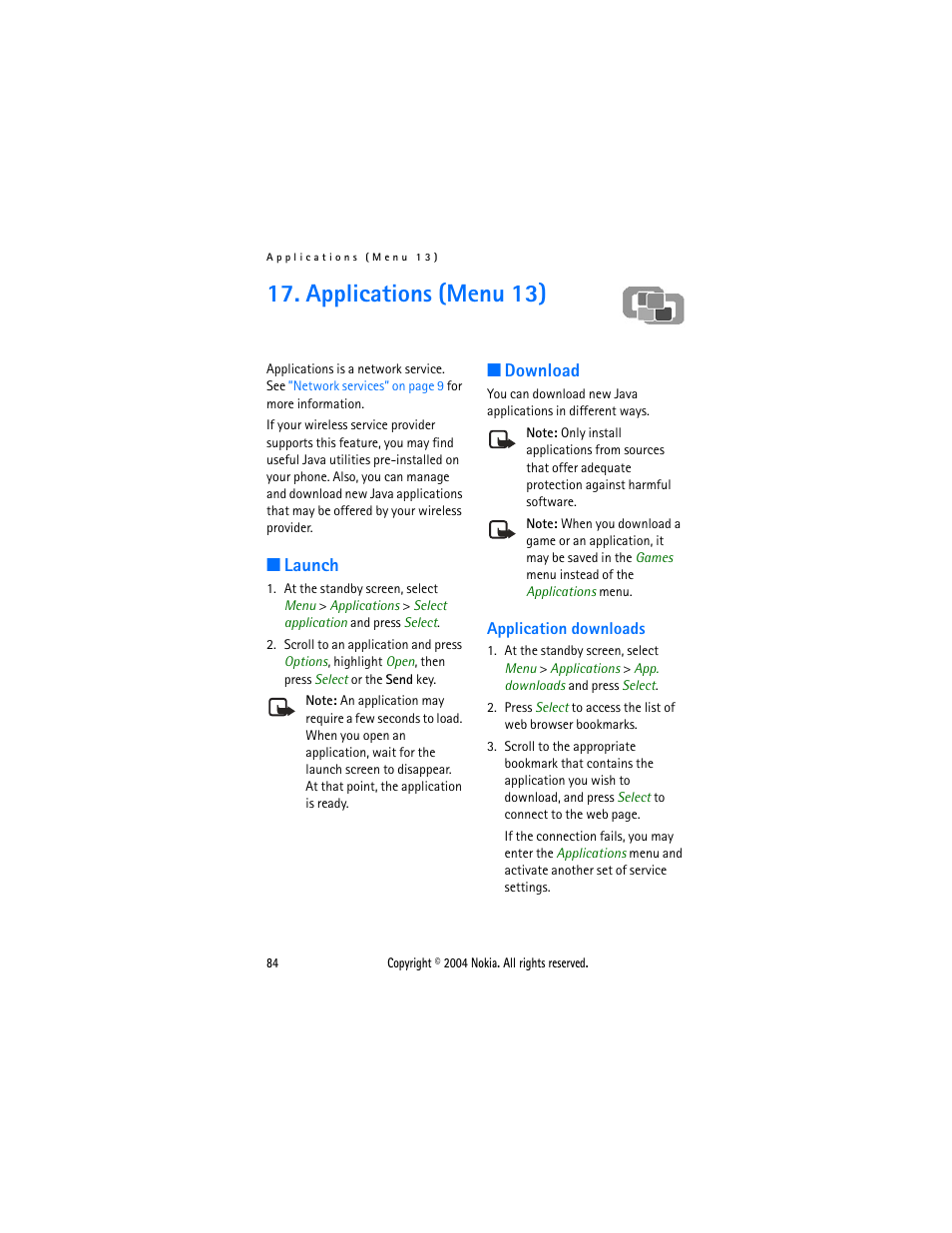 Applications (menu 13), Launch, Download | Application downloads, Launch download | Nokia 3205 User Manual | Page 84 / 99