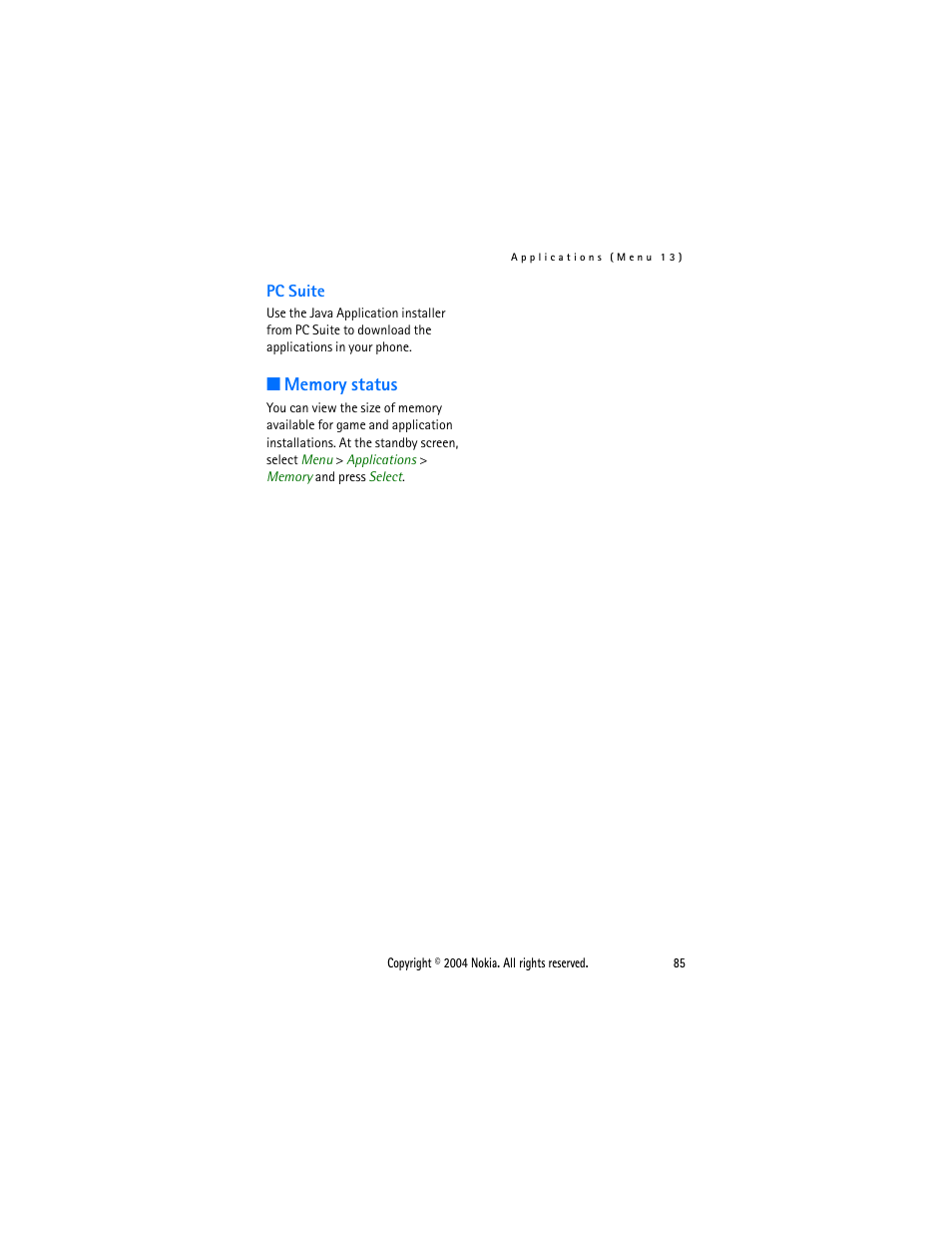 Pc suite, Memory status | Nokia 3205 User Manual | Page 85 / 99