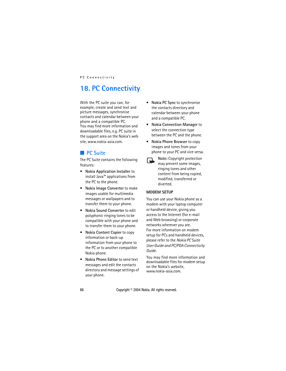 Pc connectivity, Pc suite | Nokia 3205 User Manual | Page 86 / 99