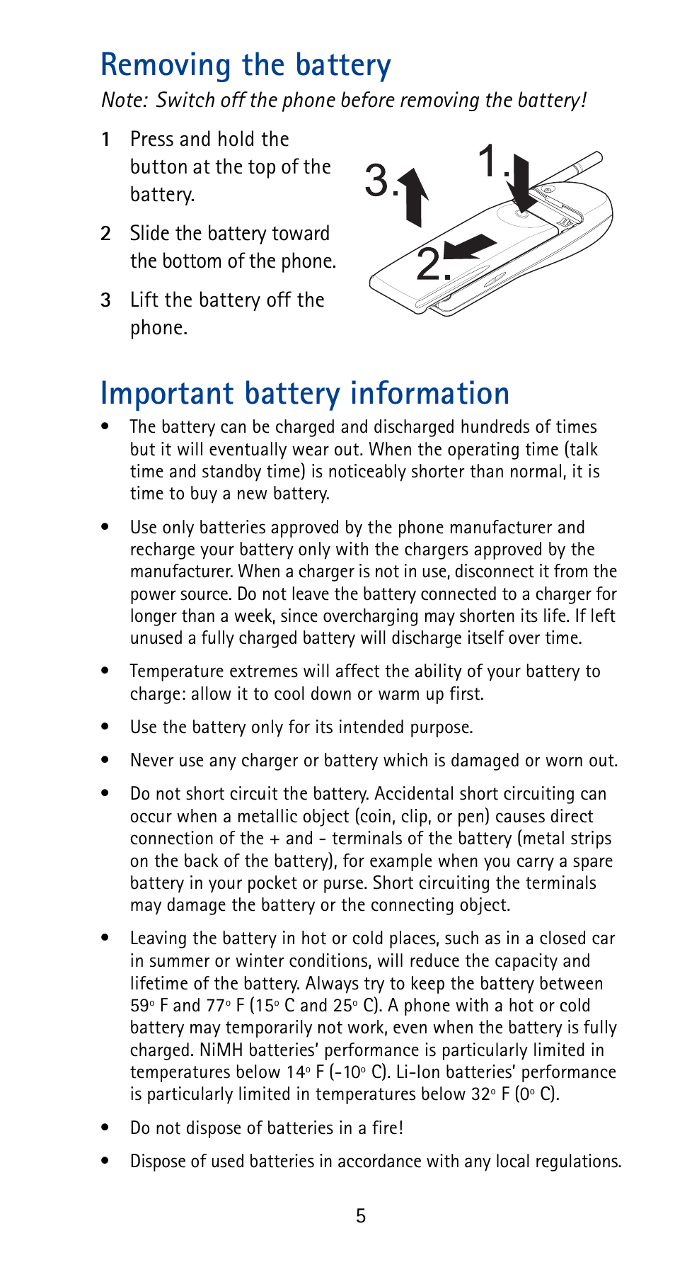 Removing the battery, Important battery information | Nokia 5170i User Manual | Page 12 / 97