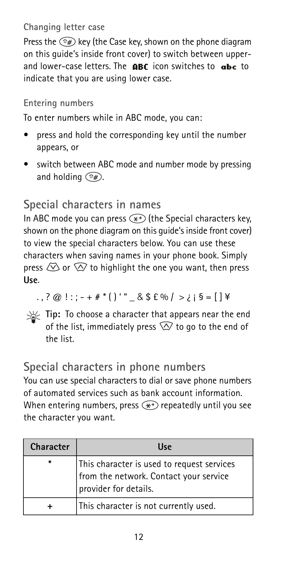 Special characters in names, Special characters in phone numbers, See p. 12 | Nokia 5170i User Manual | Page 19 / 97