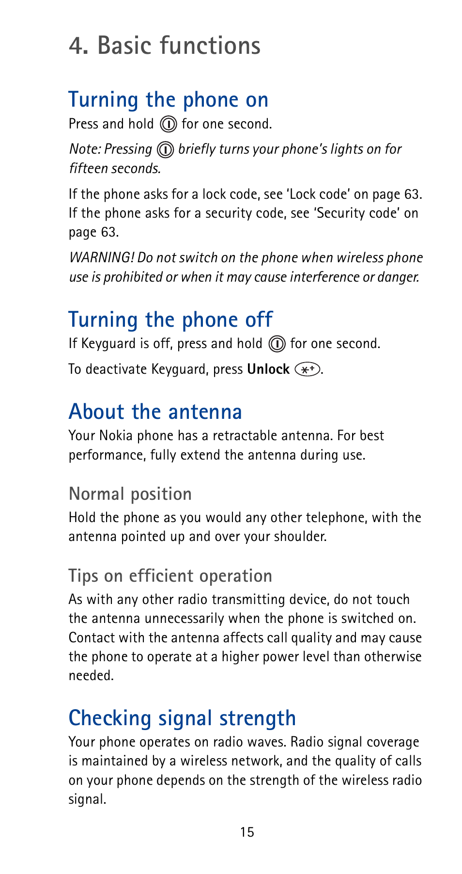 Basic functions, Turning the phone on, Turning the phone off | About the antenna, Checking signal strength, See p. 15 | Nokia 5170i User Manual | Page 22 / 97
