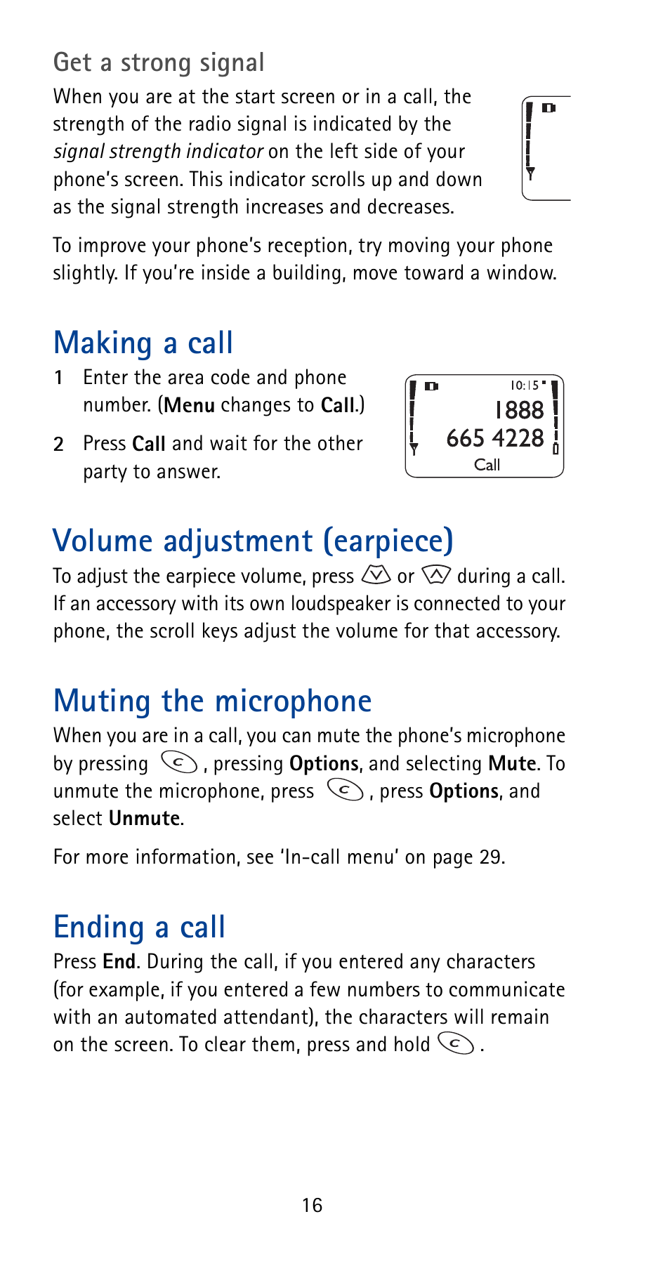 Making a call, Volume adjustment (earpiece), Muting the microphone | Ending a call, See p. 16, Get a strong signal | Nokia 5170i User Manual | Page 23 / 97