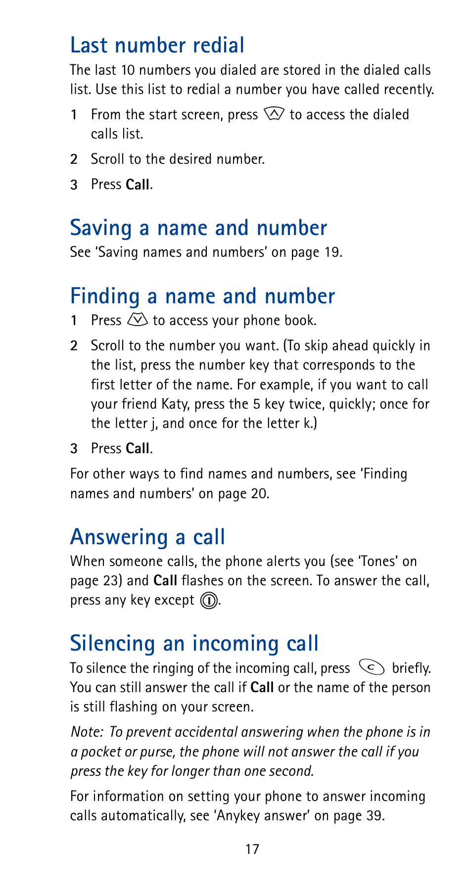 Last number redial, Saving a name and number, Finding a name and number | Answering a call, Silencing an incoming call | Nokia 5170i User Manual | Page 24 / 97