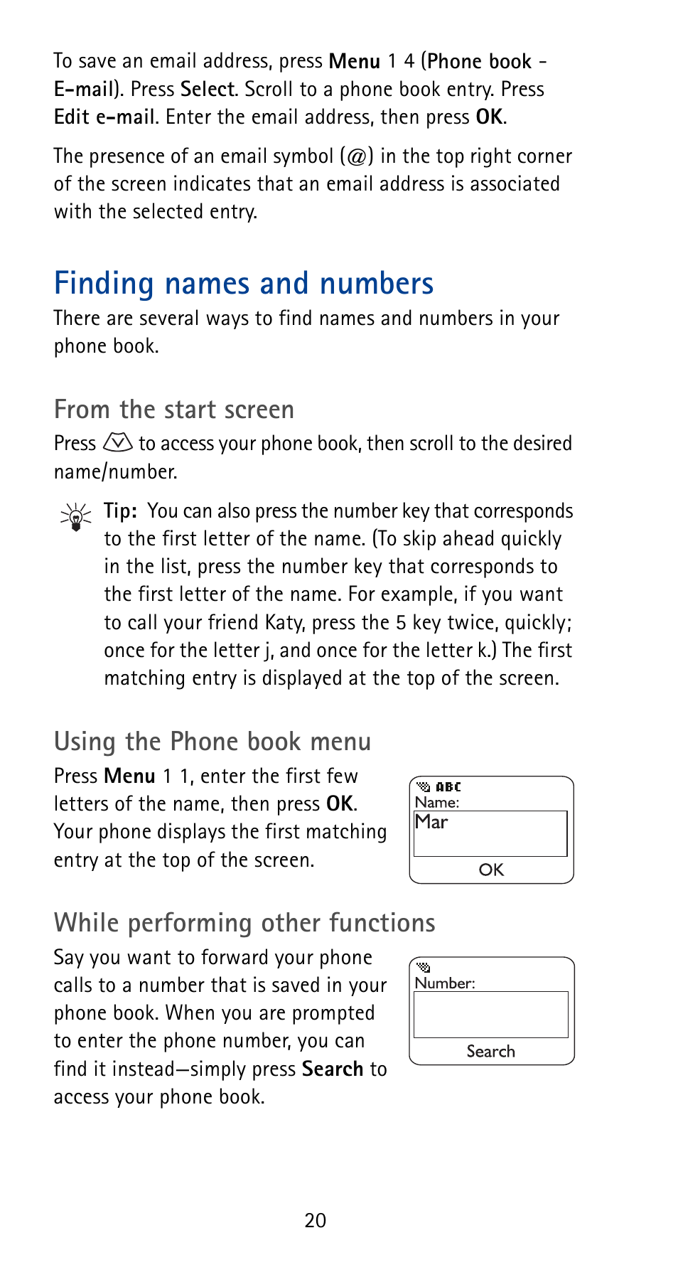 Finding names and numbers, Using the phone book menu, While performing other functions | Nokia 5170i User Manual | Page 27 / 97