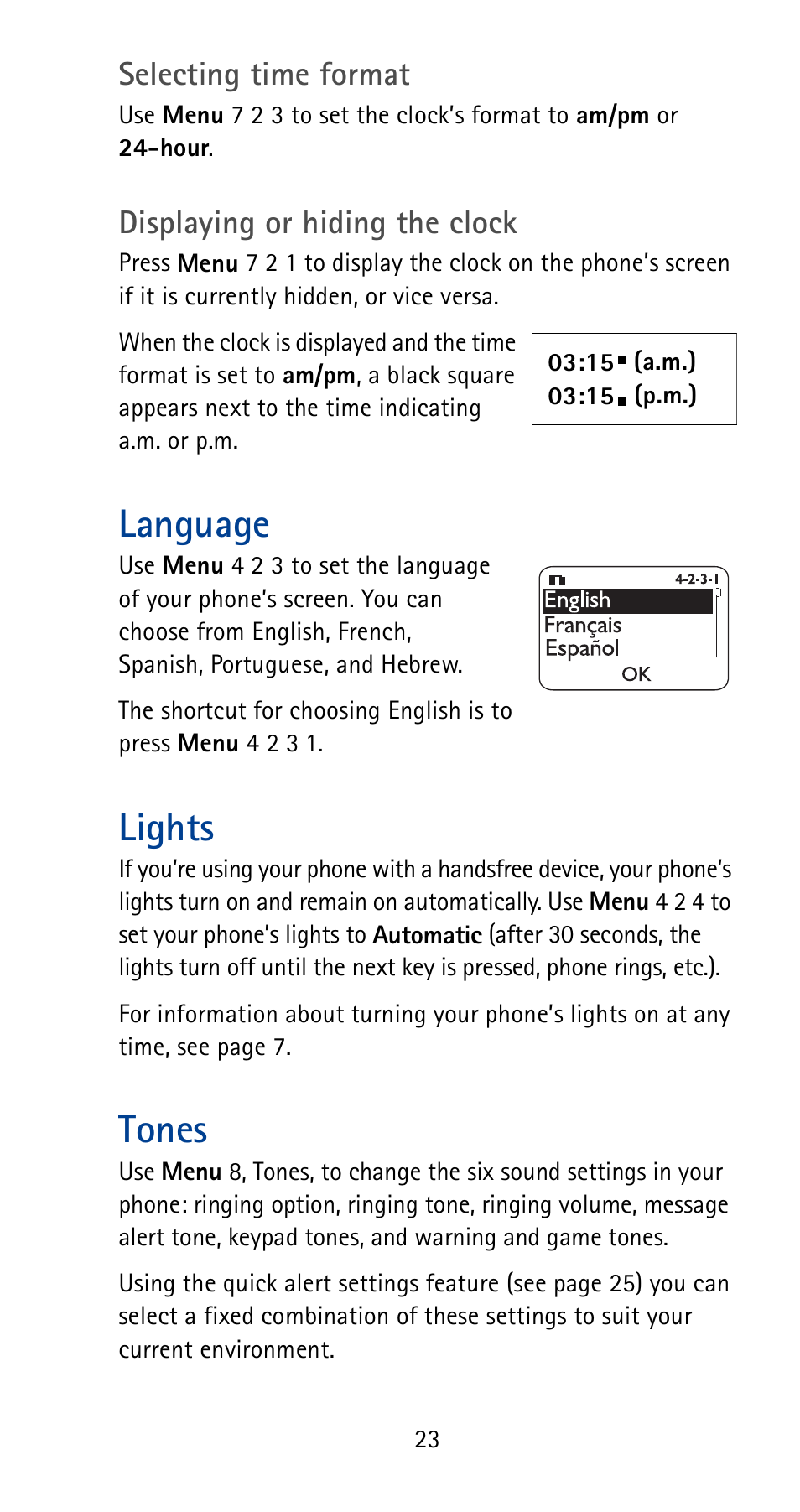 Language, Lights, Tones | Nokia 5170i User Manual | Page 30 / 97