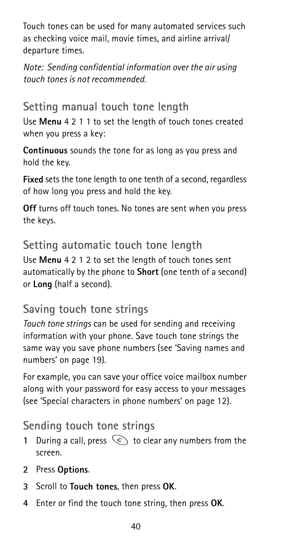 Setting manual touch tone length, Setting automatic touch tone length, Saving touch tone strings | Sending touch tone strings | Nokia 5170i User Manual | Page 47 / 97