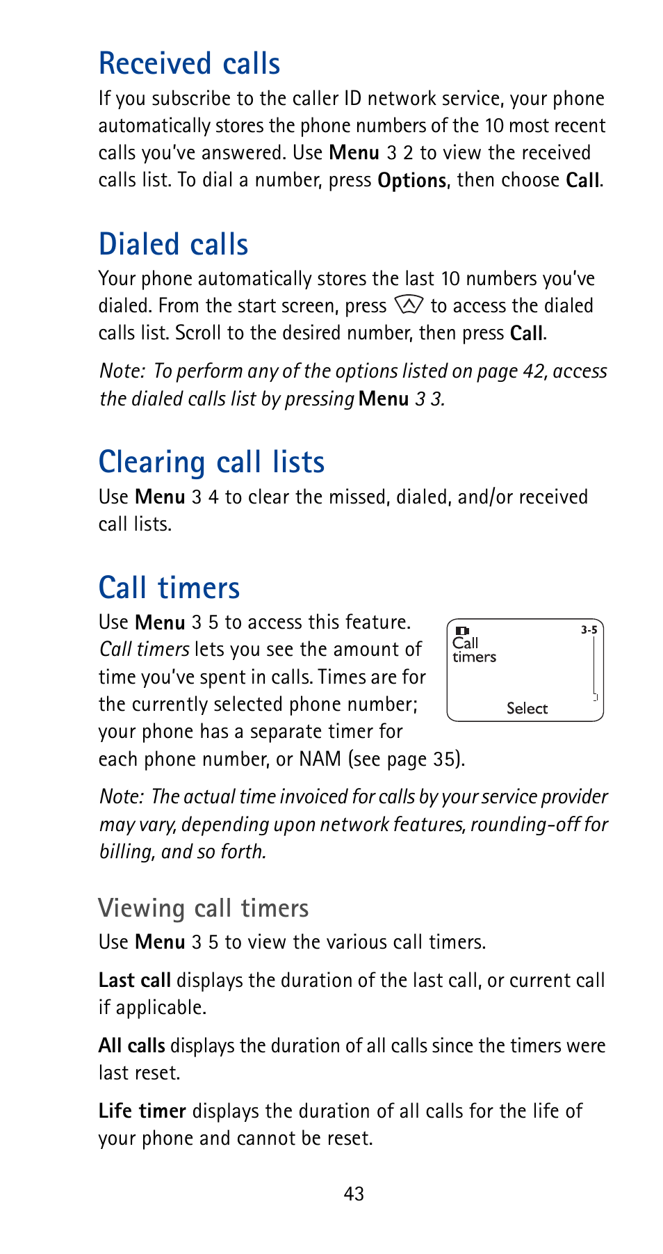 Received calls, Dialed calls, Clearing call lists | Call timers | Nokia 5170i User Manual | Page 50 / 97