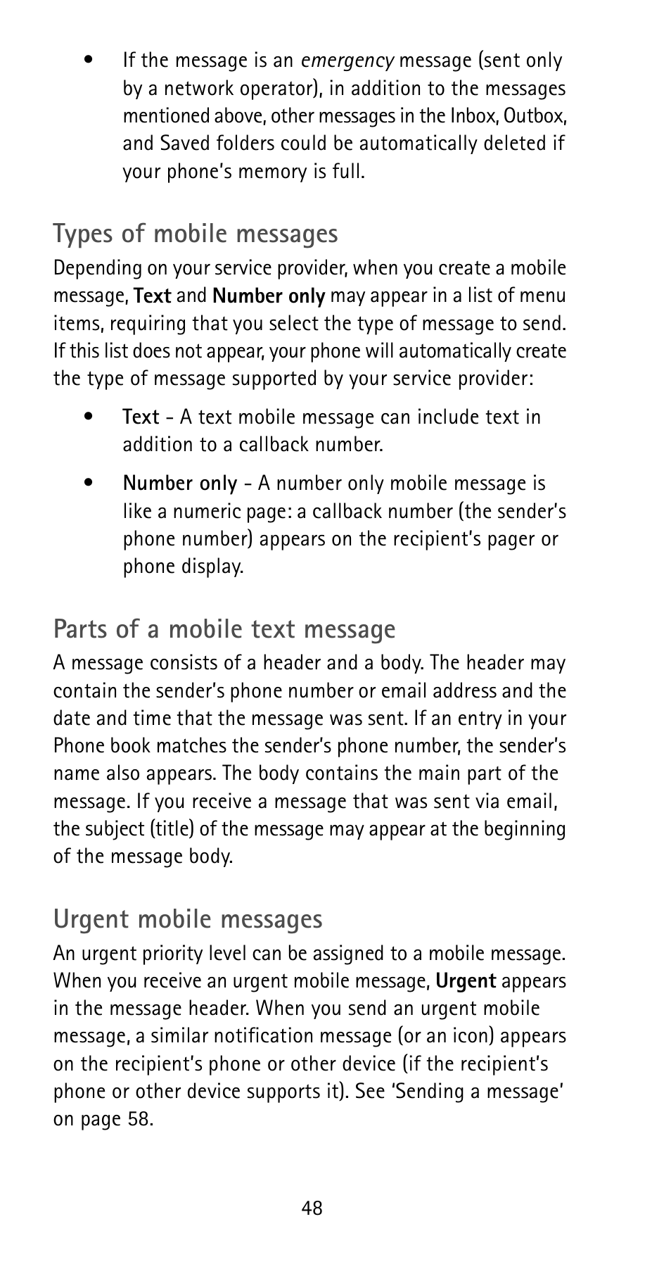 Types of mobile messages, Parts of a mobile text message, Urgent mobile messages | Nokia 5170i User Manual | Page 55 / 97