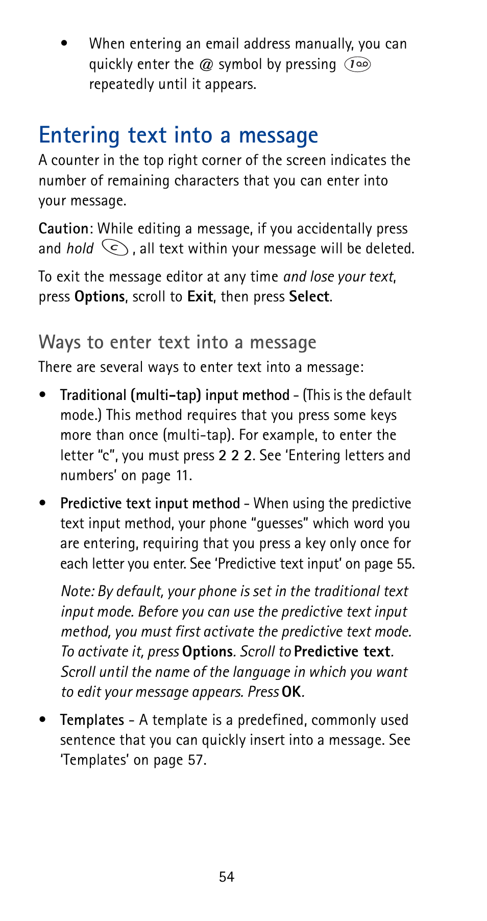 Entering text into a message, Ways to enter text into a message | Nokia 5170i User Manual | Page 61 / 97