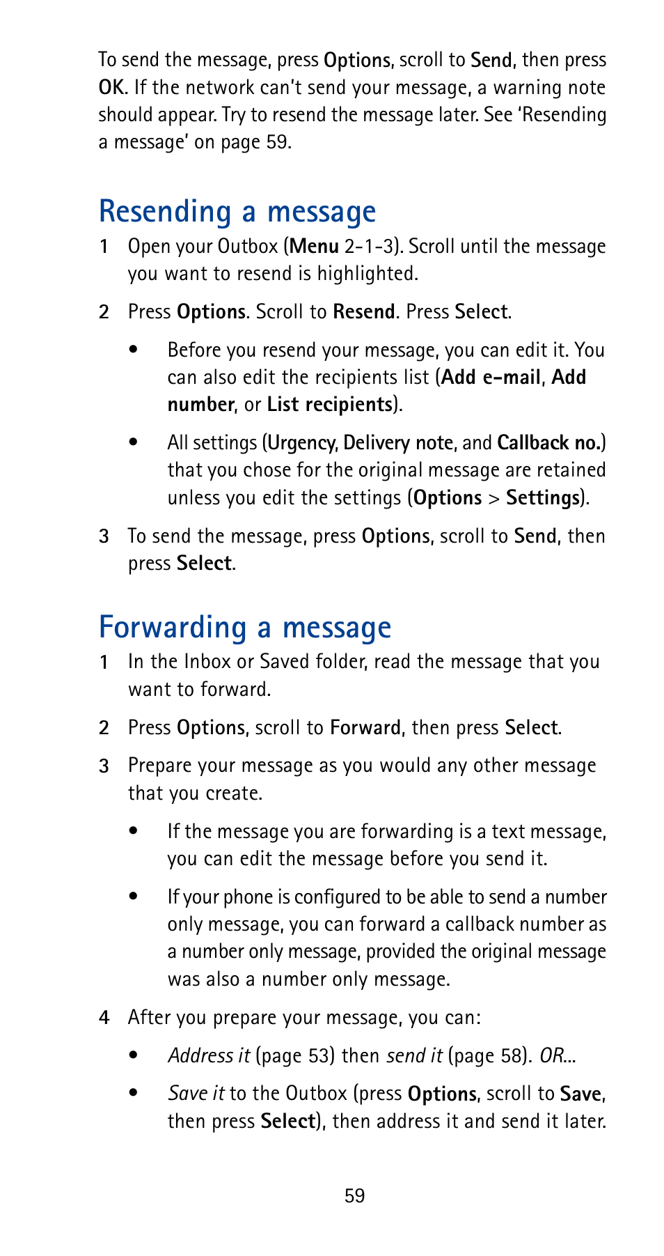 Resending a message, Forwarding a message | Nokia 5170i User Manual | Page 66 / 97