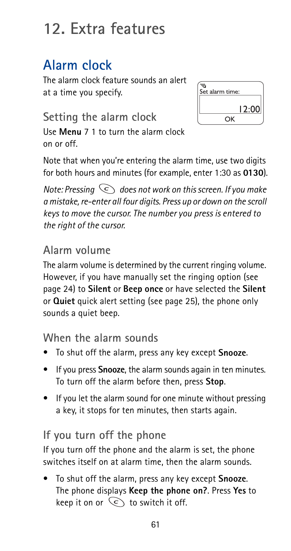 Extra features, Alarm clock, Setting the alarm clock | Alarm volume, When the alarm sounds, If you turn off the phone | Nokia 5170i User Manual | Page 68 / 97