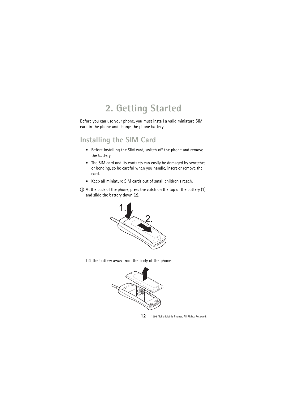 Getting started, Installing the sim card | Nokia 3110 User Manual | Page 12 / 64