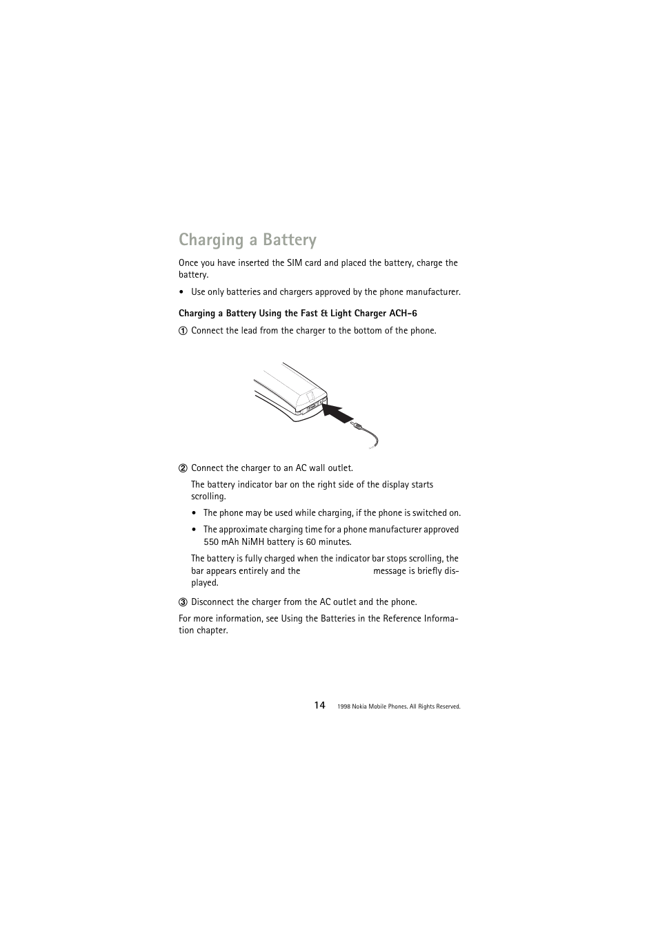 Charging a battery | Nokia 3110 User Manual | Page 14 / 64