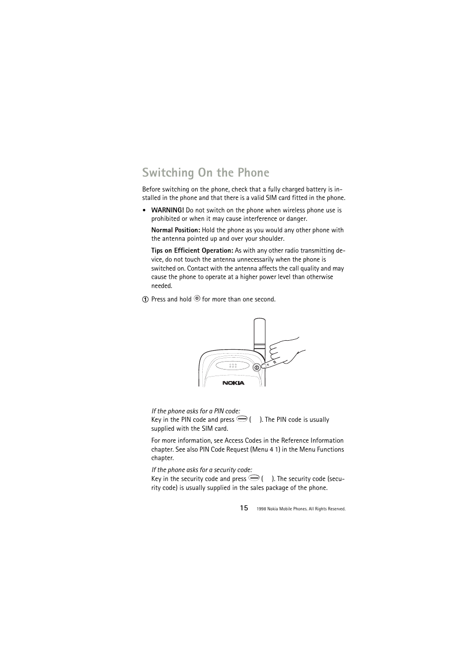 Switching on the phone | Nokia 3110 User Manual | Page 15 / 64