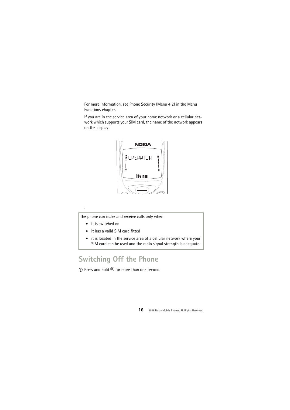 Switching off the phone | Nokia 3110 User Manual | Page 16 / 64