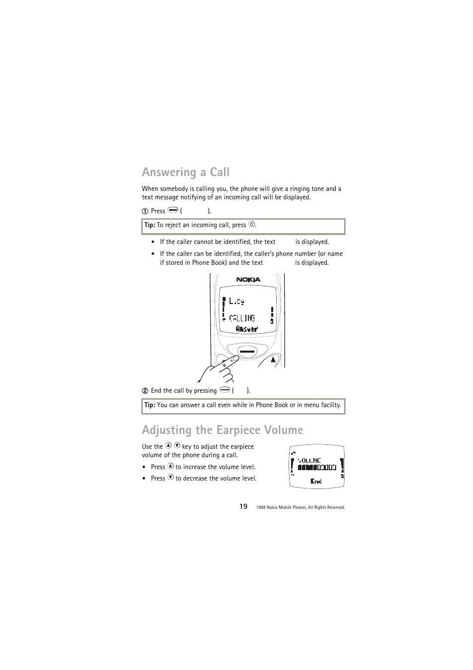 Answering a call, Adjusting the earpiece volume | Nokia 3110 User Manual | Page 19 / 64