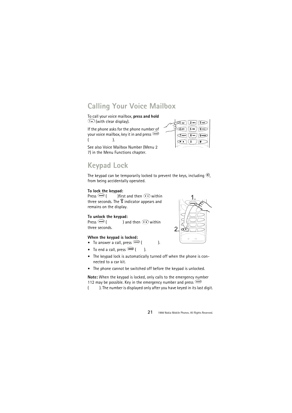 Calling your voice mailbox, Keypad lock | Nokia 3110 User Manual | Page 21 / 64