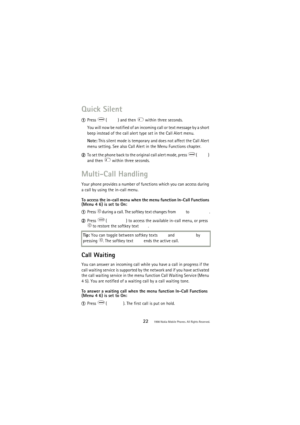 Quick silent, Multi-call handling, Call waiting | Nokia 3110 User Manual | Page 22 / 64