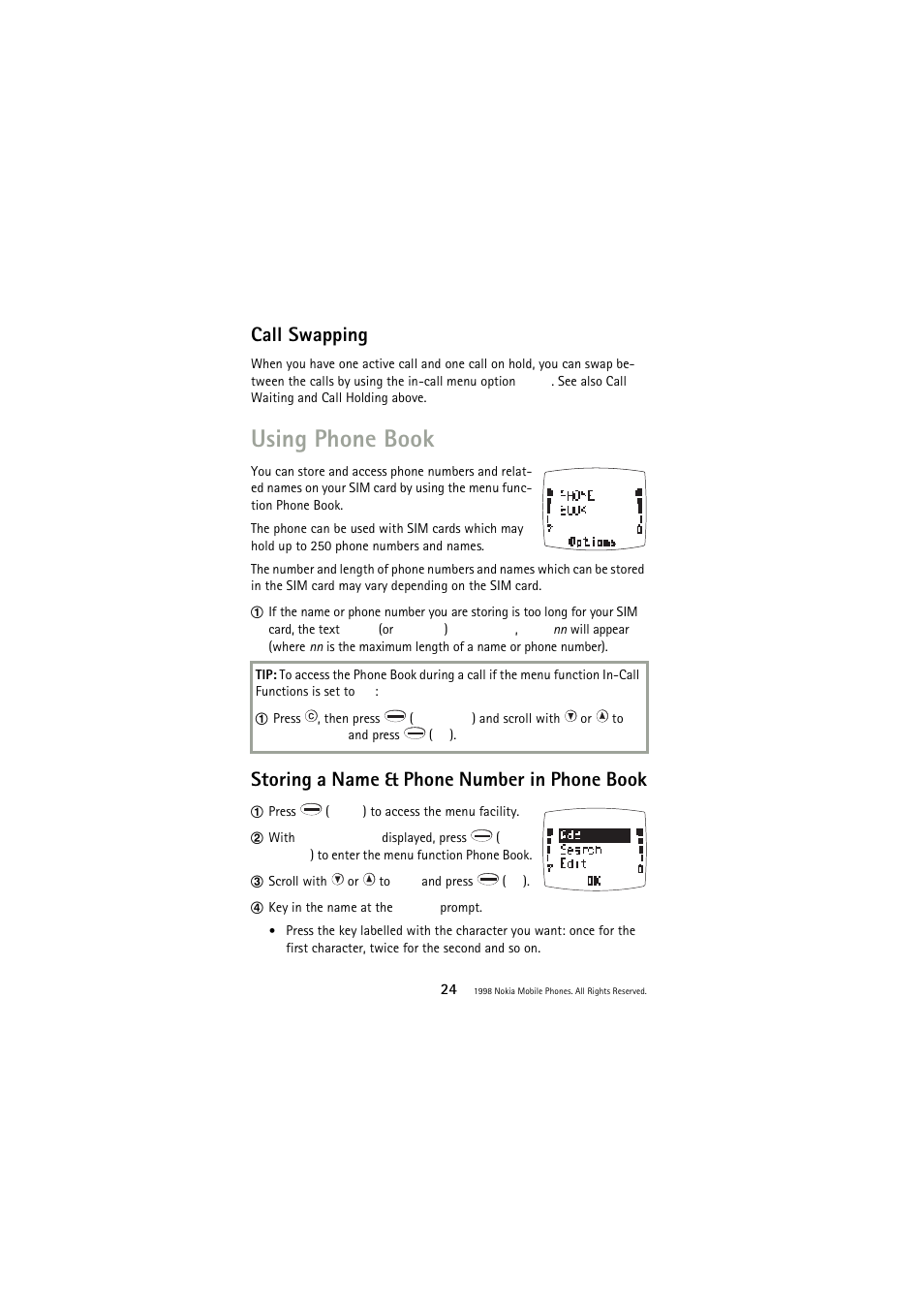 Call swapping, Using phone book, Storing a name & phone number in phone book | Nokia 3110 User Manual | Page 24 / 64