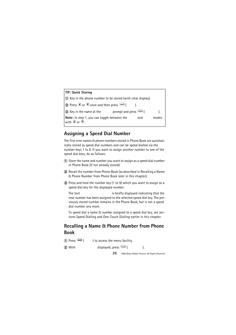 Assigning a speed dial number, Recalling a name & phone number from phone book, Recalling a name & phone number from phone book 26 | Nokia 3110 User Manual | Page 26 / 64