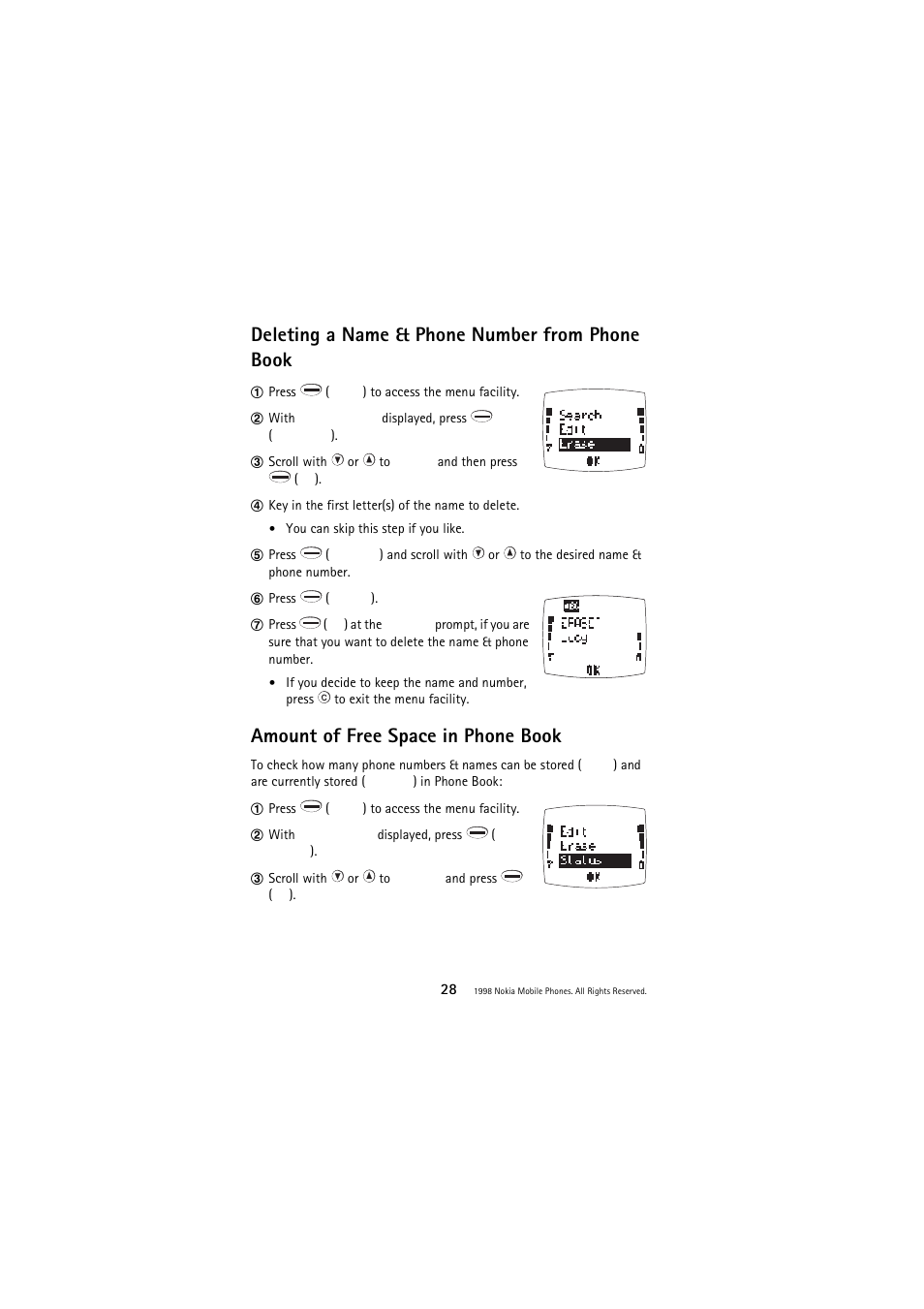 Deleting a name & phone number from phone book, Amount of free space in phone book, Deleting a name & phone number from phone book 28 | Nokia 3110 User Manual | Page 28 / 64