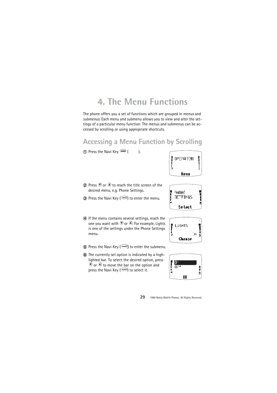 The menu functions, Accessing a menu function by scrolling | Nokia 3110 User Manual | Page 29 / 64