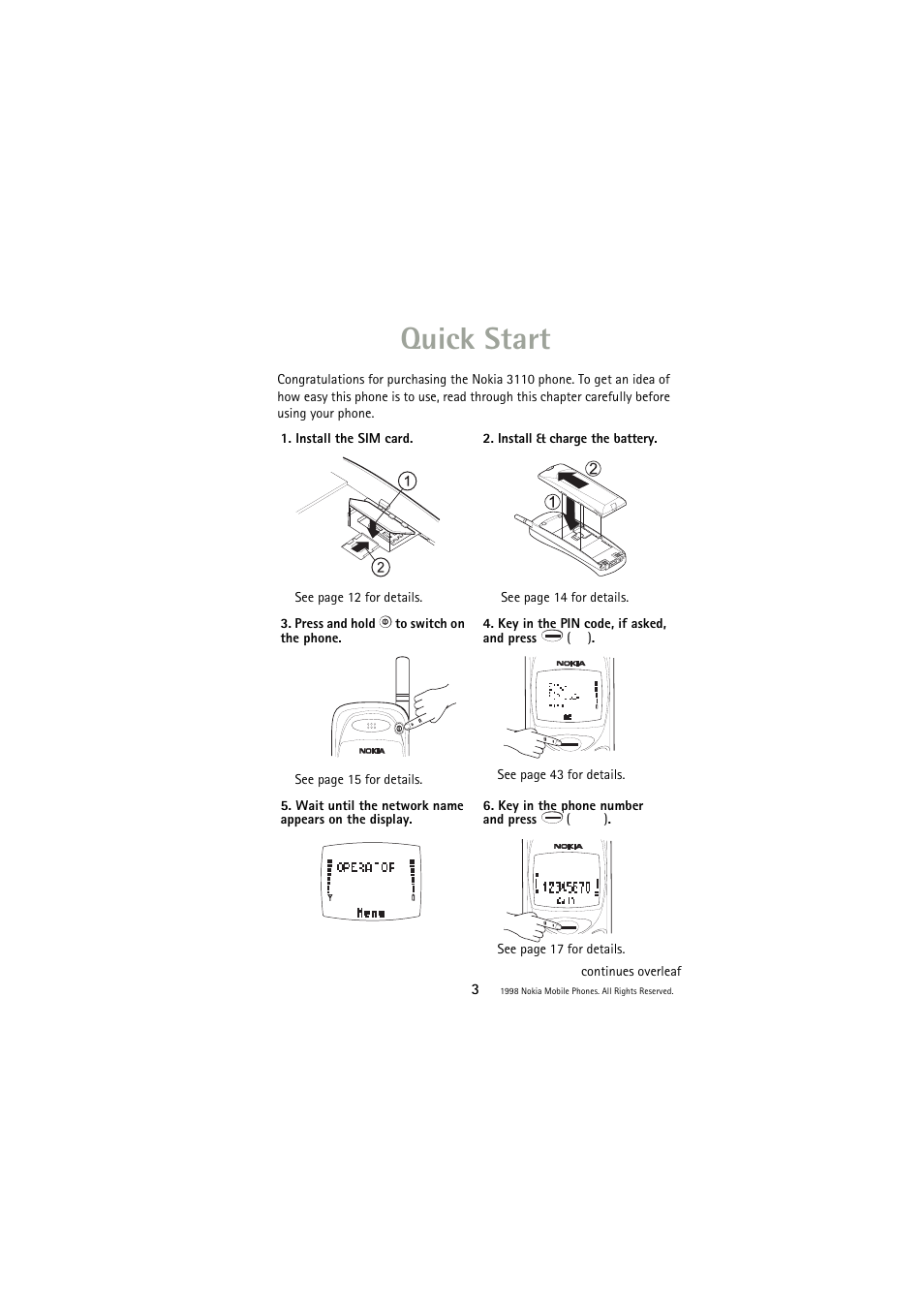 Quick start | Nokia 3110 User Manual | Page 3 / 64